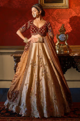 Golden Designer Lehenga in Banarasi Silk with Embroidered Floral and Bird Motifs